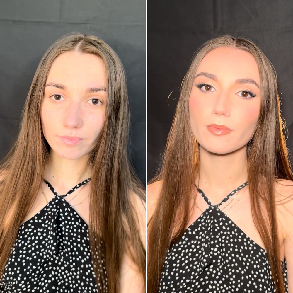 Before and after: soft glam with warm neutral eyes, lashes, and a coral lip