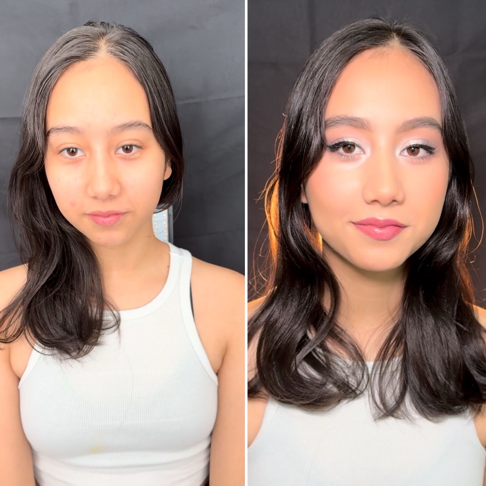 Before and after: soft lilac eye with lashes and a glossy pink lip