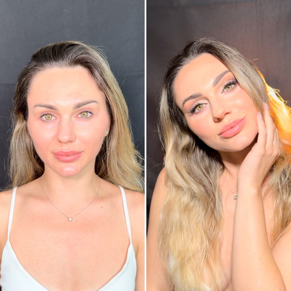 Before and after: bronzed soft glam with a glossy nude lip