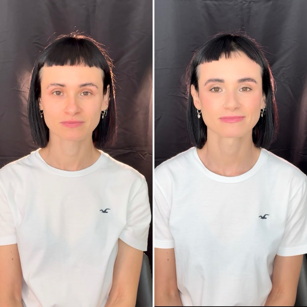 Before and after: soft natural makeup with groomed brows and a pink lip