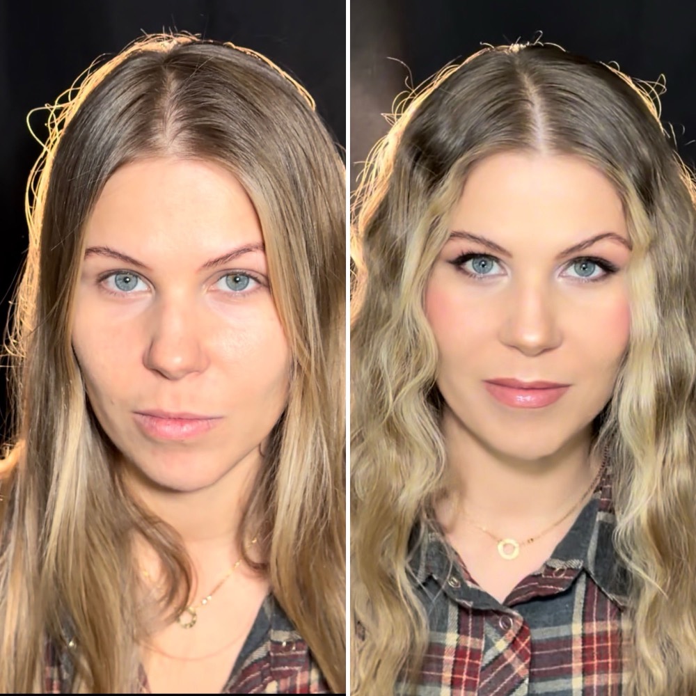 Before and after: soft glam with lashes, blush, and loose waves