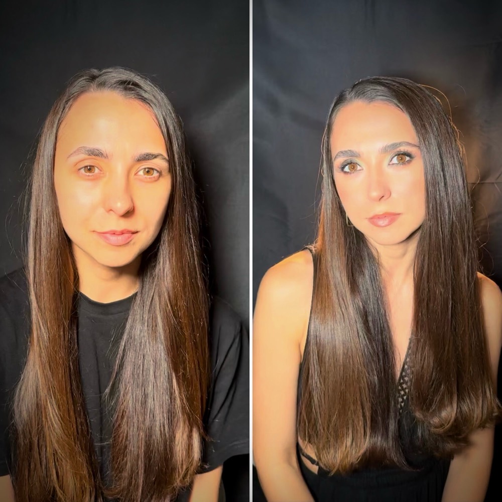 Before and after: warm neutral eye with liner and lashes on sleek hair